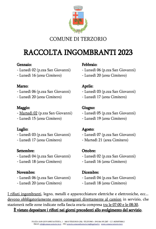 SERVIZIO DI RACCOLTA INGOMBRANTI - CALENDARIO 2023